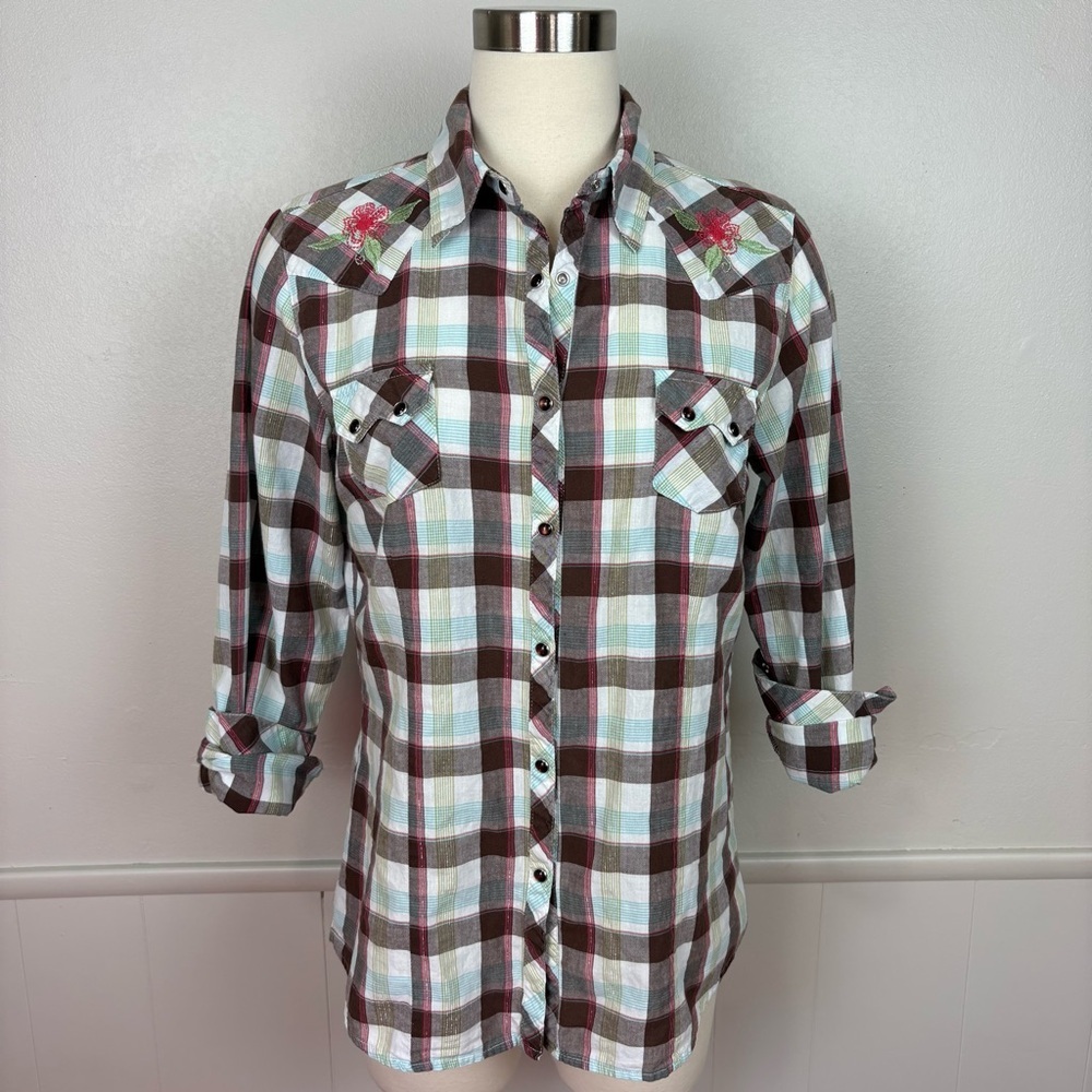 Shyanne Cotton Western Snap Front Brown Plaid Shirt Sz L Floral Embroidery Rodeo
